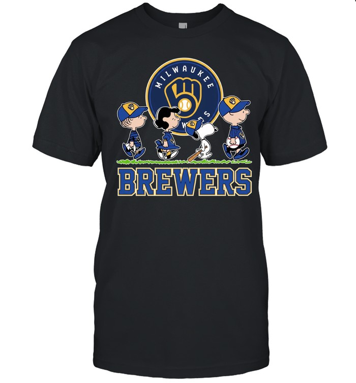 Snoopy Charlie Brown Linus and Lucy wearing Milwaukee Brewers baseball jersey Unisex T-Shirt