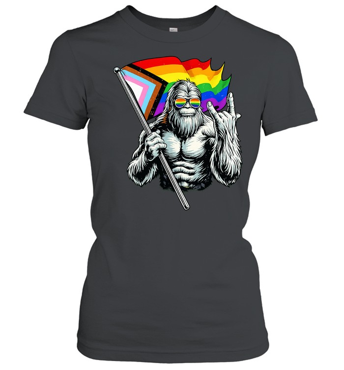Bigfoot holding Progress Pride flag middle finger LGBTQ Women T-Shirt