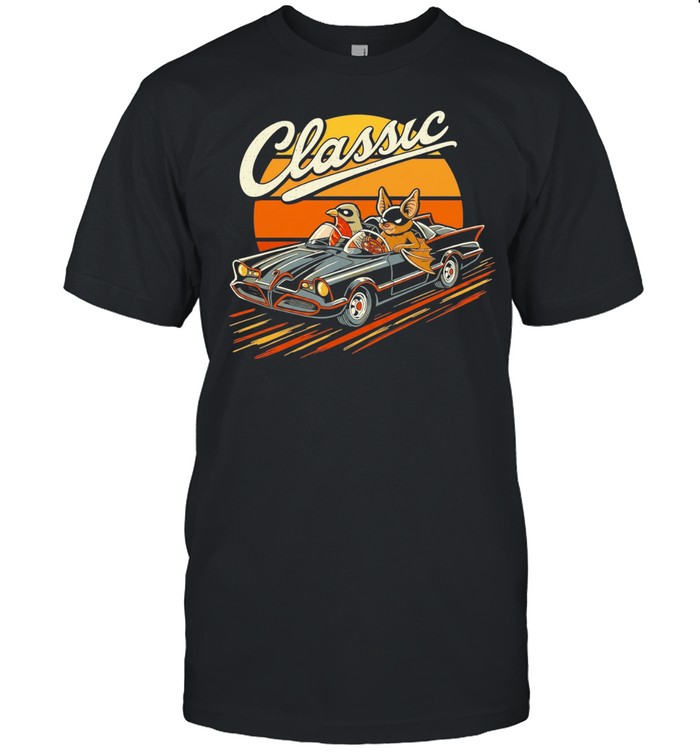 Classic cat and bird riding vintage convertible retro sunset Unisex T-Shirt