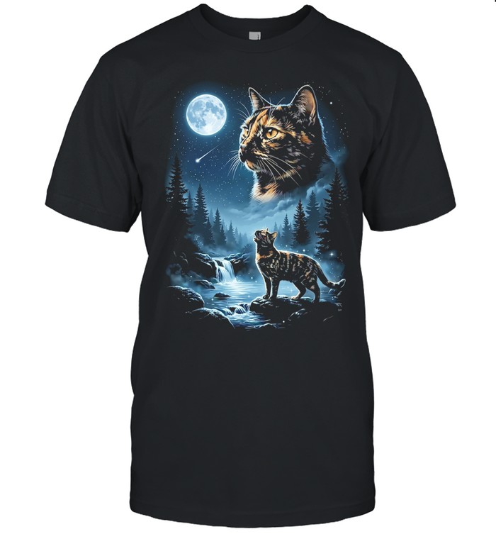 Giant cat moon face forest waterfall night scene mystical art Unisex T-Shirt