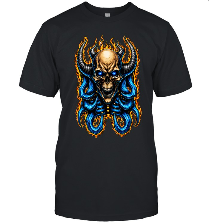 Horned Flaming Skull Demon Graphic Unisex T-Shirt